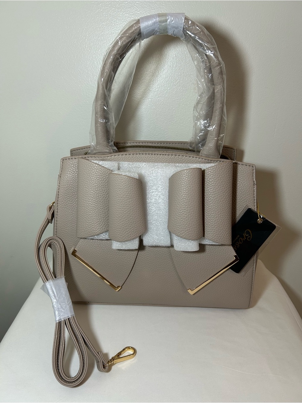 Bow Accent Taupe Satchel Handbag Crossi